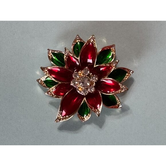 Vintage Santa Candle & Poinsettia Jeweled Christmas Brooch Pin Set Napier Monet - Picture 3 of 11